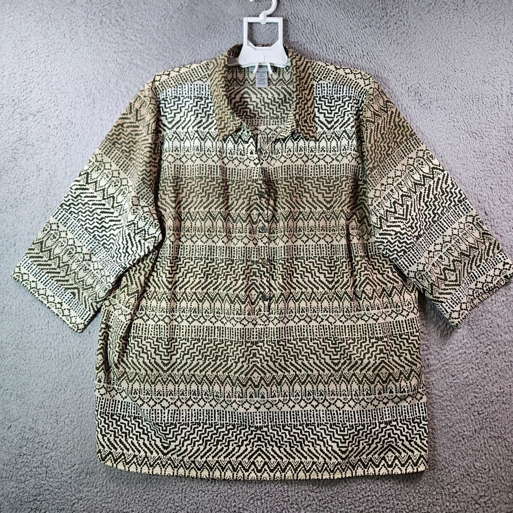Catherines Tunic Shirt Women 2X 22 24 Pullover 3/4 Sleeve Geometric Green Cream